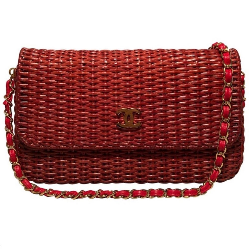 CHANEL Red Wicker Classic Flap Shoulder Bag